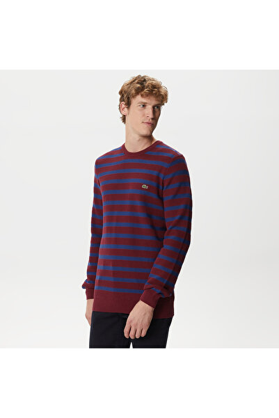 Lacoste Erkek Regular Fit Uzun Kollu Bisiklet Yaka Çizgili Bordo Triko