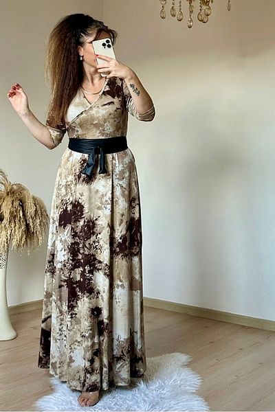 AZRA BUTİK Brown Patterned Full Length Dress