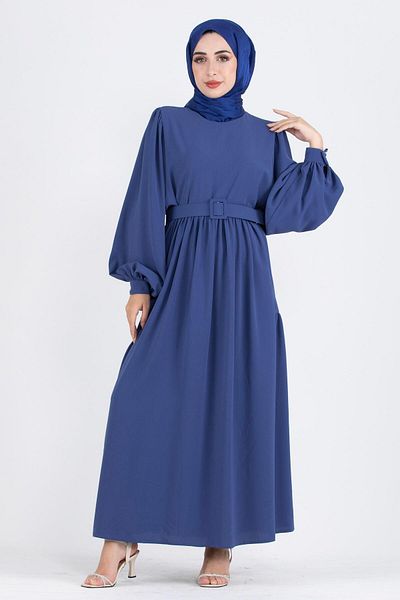 Sevitli Balloon Sleeve Side Gathered Dress-Sax Blue