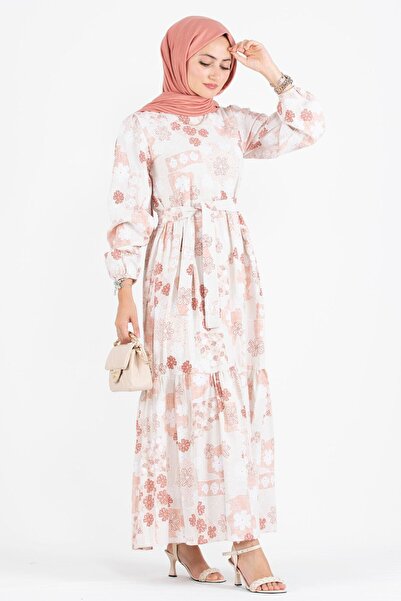 Sevitli Λινό Φόρεμα με ανάγλυφο σχέδιο-Αποξηραμένο τριαντάφυλλο