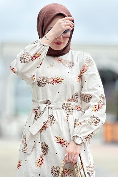 Sevitli Μεγάλο λινό φόρεμα με σχέδιο ανανά-καφέ πορτοκαλί