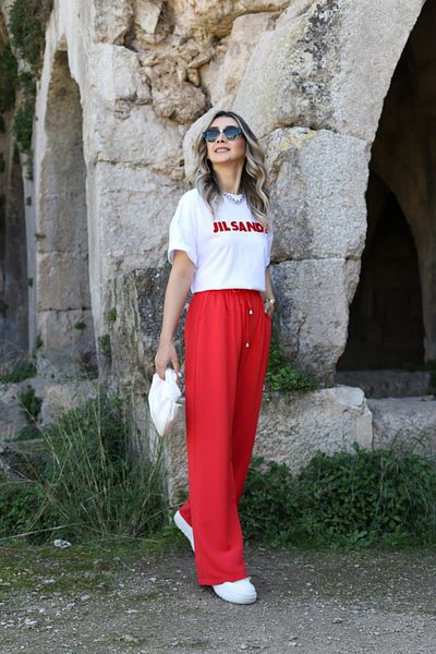 bytugcekaya Red Palazzo Bottom - Elastic Waist