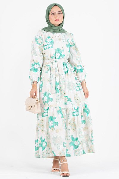Sevitli Floral Embossed Patterned Linen Dress-green