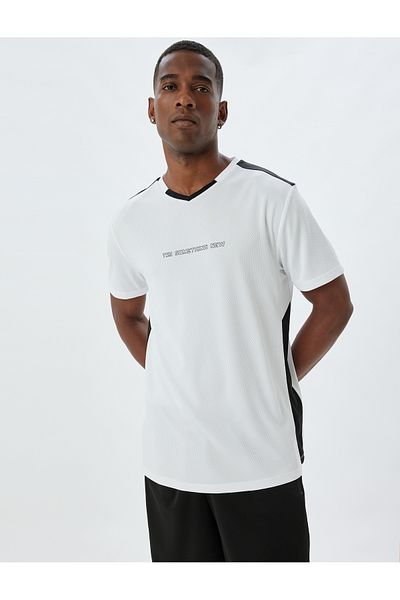 Koton Αθλητικό μπλουζάκι Colorblock V-Neck - Εκτύπωση συνθήματος, κοντό μανίκι