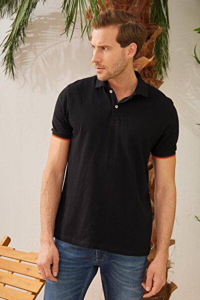 odelon Чоловіча чорна бавовняна футболка з коміром-поло з деталлю "інтерсі