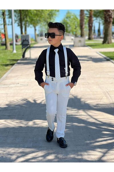 KOKOŞ BEBEK Striped Detailed Shirt, Pants, Tie, Suspender Included Suit |   Between 3/4 Years