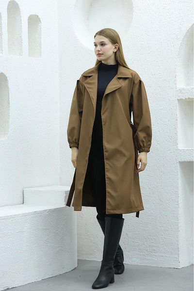 QUBERZ Balloon Sleeve Belted Trench Coat Brown