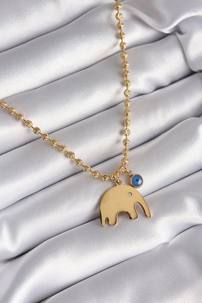 Skygo Gold Colored 316l Steel - Ball Chain Model Women's Necklace, Elephant Figure and Evil Eye Bead Detail - Tj-bko8342