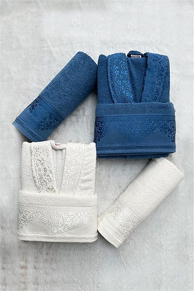 Fiesta Set halat de baie din bumbac Jacquard - Alb - Indigo