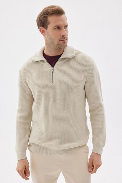 odelon Cream Colored Men's Knitwear Sweater - Thessaloniki Knit, Half Zipper, Regular Fit, Cotton