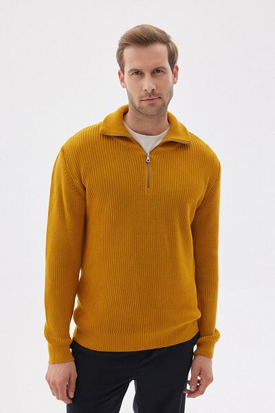 odelon Saffron Colored Men's Knitwear Sweater - Half Zipper, Cotton, Regular Fit