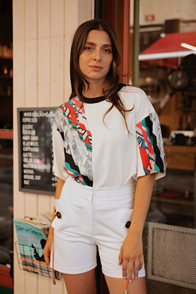 Women's Black Asymmetrical Patterned Short Sleeve Blouse | Frn Line