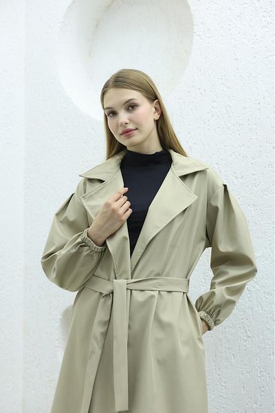 QUBERZ Balloon Sleeve Belted Trench Coat Beige