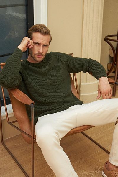 odelon Men's Khaki Knitwear Sweater - Crew Neck, Thessaloniki Knit, Cotton