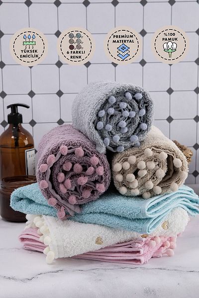 FAVORA Yoncagül Pompom Set of 6 Hand and Face Towels - Assortment
