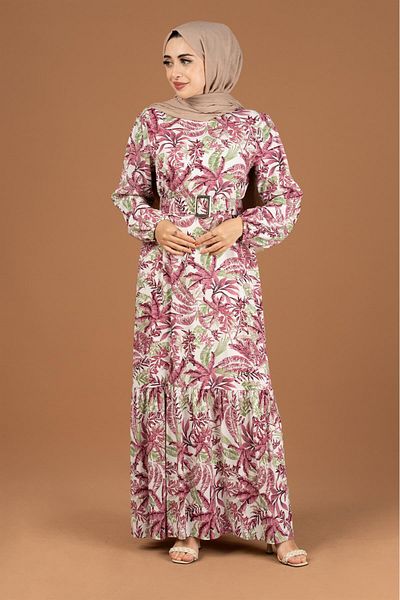 Sevitli Palm Tree Patterned Covered Belted Dress-pink