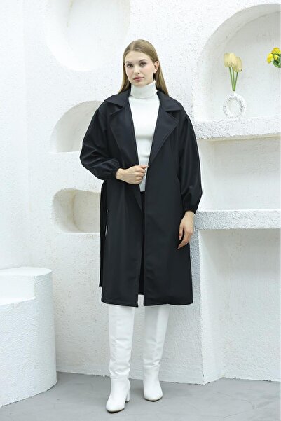 QUBERZ Balon Kol Kuşaklı Trençkot Siyah