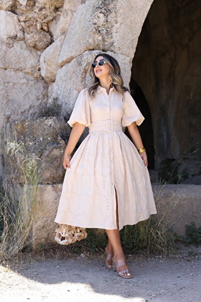 bytugcekaya Φόρεμα με μπαλόνι μπεζ πλισέ χτένι