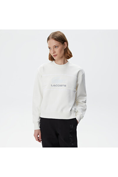 Lacoste Kadın Relaxed Fit Bisiklet Yaka Baskılı Beyaz Sweatshirt