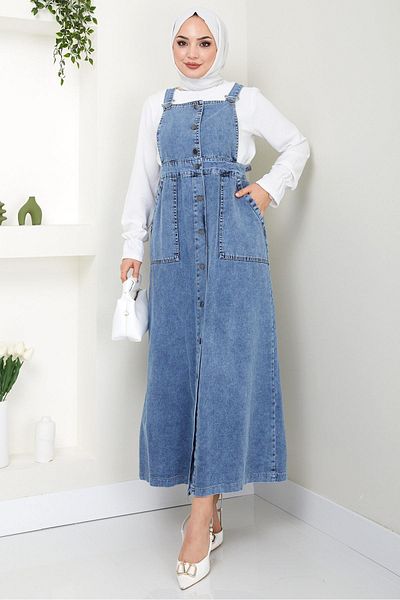 hafsamina Blue Denim Salopet - Buttoned Dress HM22456