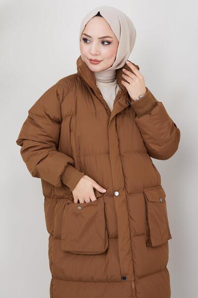 hafsamina Κρυφό παλτό με κουκούλα με φυσούνα με τσέπη, καφέ HM2315