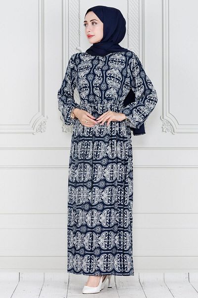 Sevitli Navy Blue Viscose Dress - Shawl Pattern and Waist Tunnel
