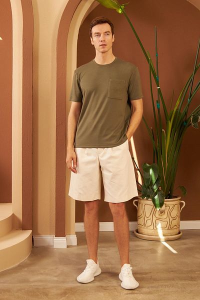 odelon Ανδρικό μπλουζάκι Χακί - Comfort Fit, Pocket, Mars25