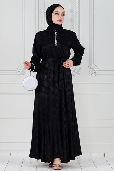 Sevitli Rochie de seara din satin - guler camasa si detaliu din piatra, neagra