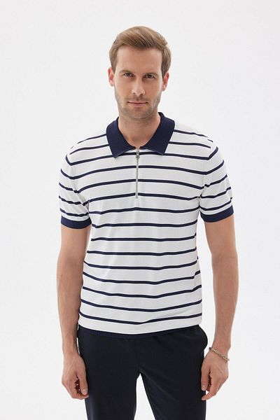 odelon Ανδρικό πλεκτό μπλουζάκι Navy Blue ριγέ Polo Neck Rayon - Limited