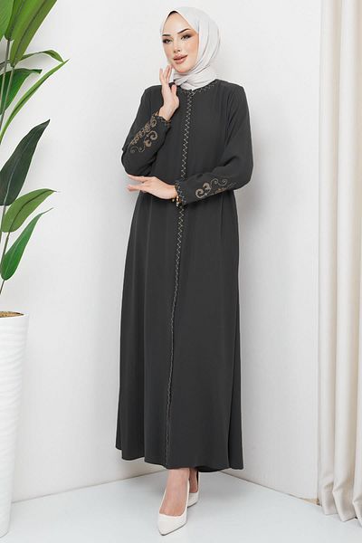 hafsamina Embroidered Plus Size Abaya Anthracite HM2307