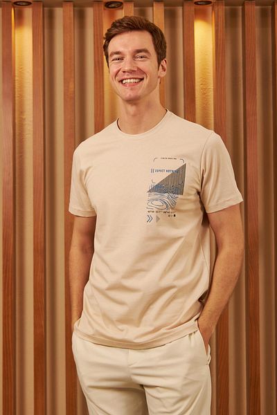 odelon Ανδρικό μπλουζάκι μπεζ - Comfort Fit, Printed, Mars16