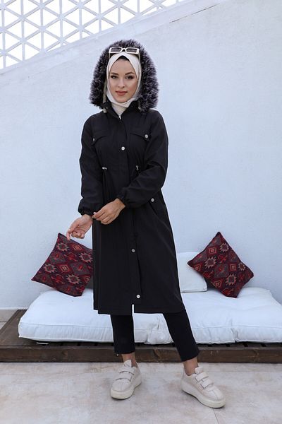 hafsamina Μακρύ παλτό με κορδόνι μέσης μαύρο