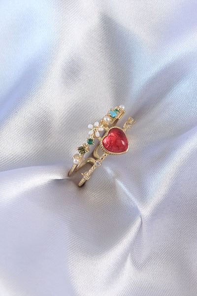 SeyCey.co Gold Color Red Zircon Stone Heart Model Brass Women's Ring