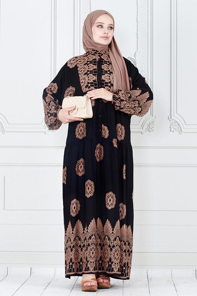 Sevitli Viscon Hijab Dress - Black, Motif Pattern and Robe