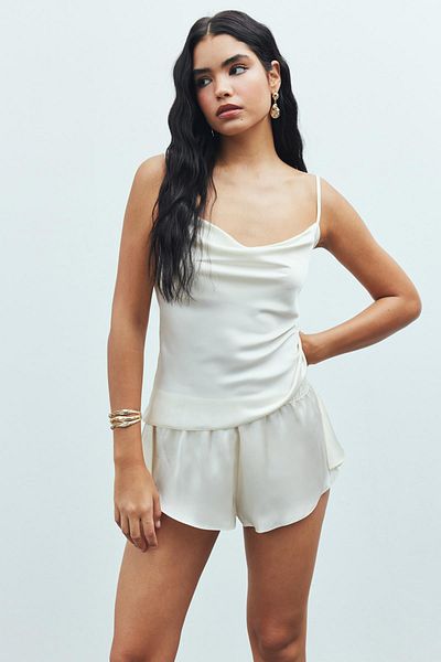 Feu De Elu Ecru Satin Short Pajama Set -DegajeCollar and Strap