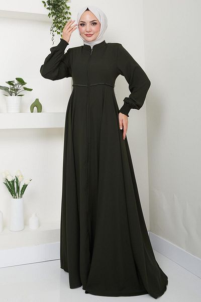 hafsamina Khaki Mevlana Ferace - Handle with Guipes and Embroidery Detail HM2484