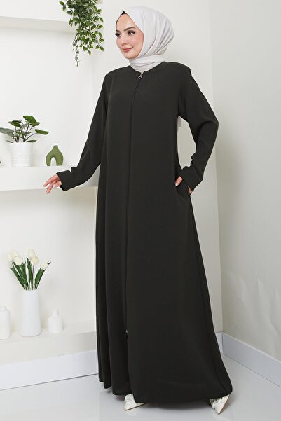 hafsamina Khaki Large Size Zippered Ferace - HM2488