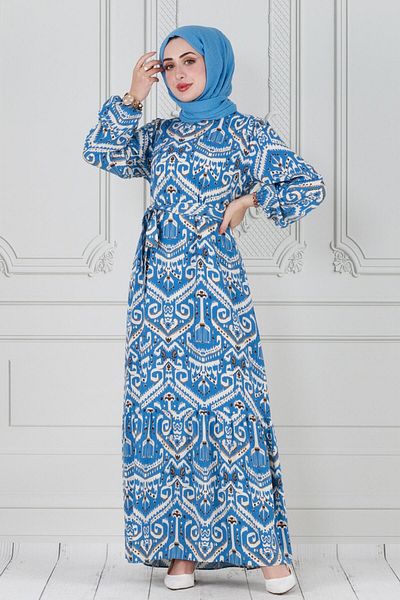 Sevitli Blue Viscose Dress - Motif Pattern and Belted Waist