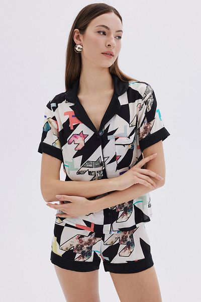 Feu De Elu Set de pijamale scurte din viscoză cu modele mixte cu detalii din satin