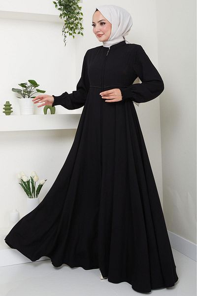 hafsamina Μαύρο Mevlana Ferace - Με μανίκια και λεπτομέρεια κεντήματος HM2484