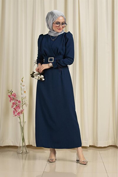 Sevitli Venus Sleeve Feather Detailed Evening Dress-Navy Blue