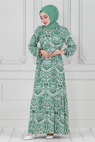 Sevitli Mint Green Viscose Dress - Motif Pattern and Belted Waist