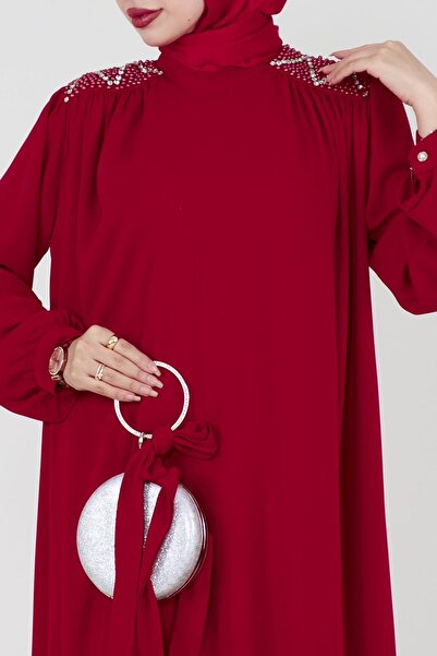 Sevitli Embroidered Shoulder Waist Belted Hijab Dress-Red