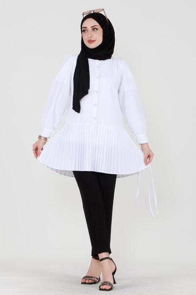 Sevitli Φούστα με πλισέ μπροστά με κουμπιά-Λευκό