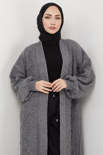 hafsamina Cherry Patterned Long Knitwear Cardigan Smoked HM2334