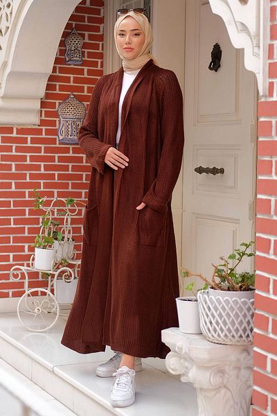hafsamina Shawl Collar Pocket Knitwear Cardigan Brown HM2243