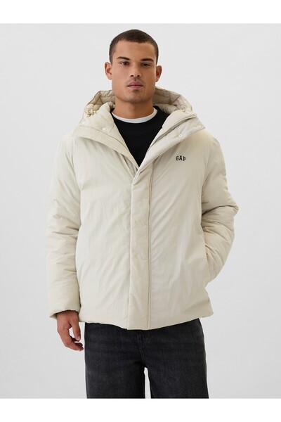 GAP Erkek Kırık Beyaz Geri Dönüştürülmüş Gap Logo Puffer Şişme Mont
