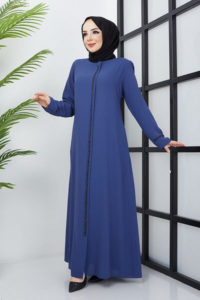 hafsamina Large Size Indigo Abaya with Stone Embroidery Detail