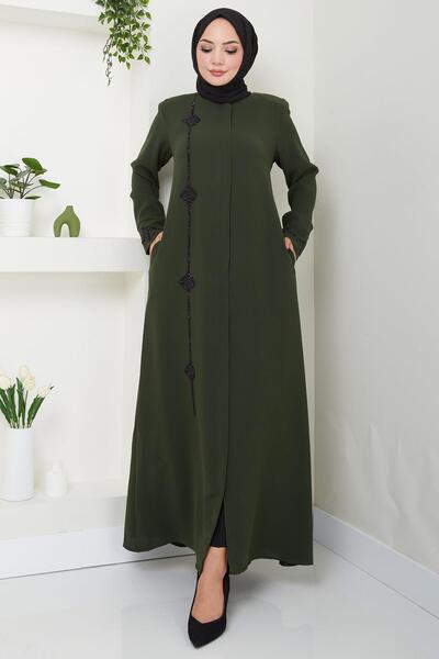 hafsamina Khaki Ferace - Erva Stone Detailed, Model HM2478