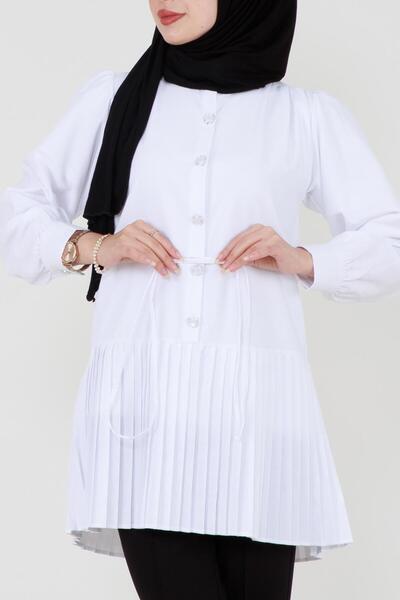 Sevitli Φούστα με πλισέ μπροστά με κουμπιά-Λευκό